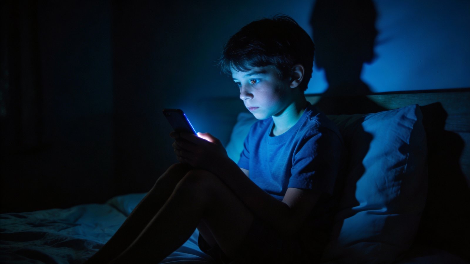 A child alone in a dark room illuminated only by phone screen light