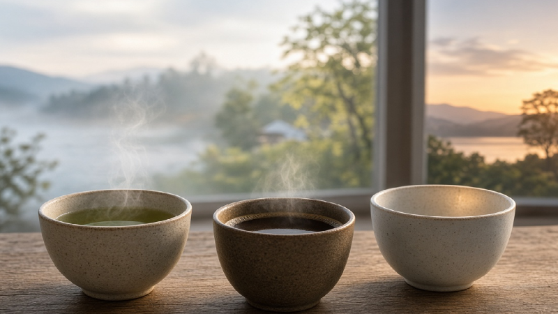 A familiar cup of tea or coffee beside a family routine, inviting a conscious question about daily choices and long-term health