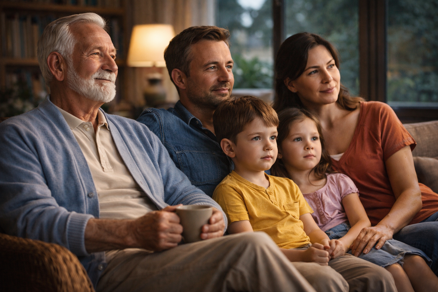 A multigenerational family sitting together, the eldest member calm and composed