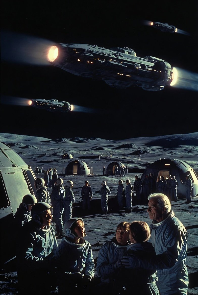 A quiet night sky over a simple home — a grandparent and grandchild sitting together on the veranda, looking upward