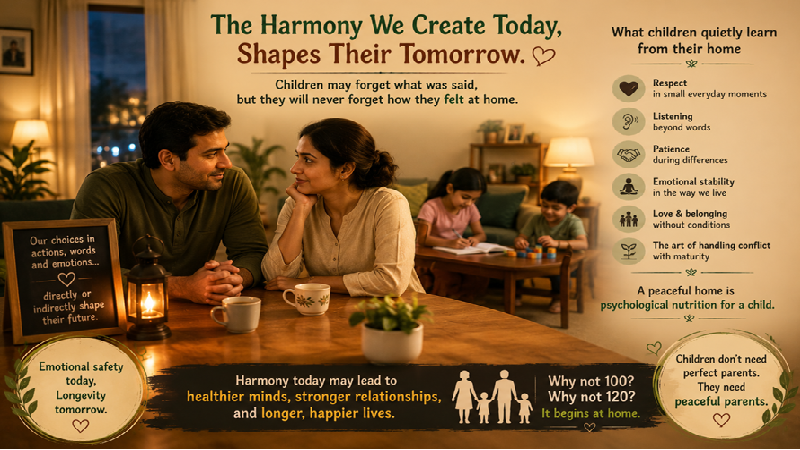 A peaceful family moment between parents and children at home — symbolising the quiet harmony between husband and wife that may shape a child's emotional health, mental stability, and long-term well-being across generations
