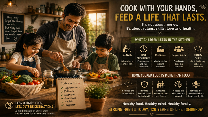 A parent cooking a simple home meal with a child watching from the kitchen counter — a quiet image of home cooking, family participation, and the everyday acts that may shape children's health and long life