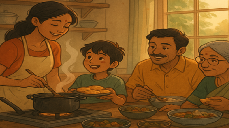 An Indian family cooking and eating together at home