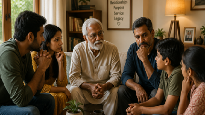 An elder sitting peacefully with younger family members, quiet presence across generations in a calm home environment