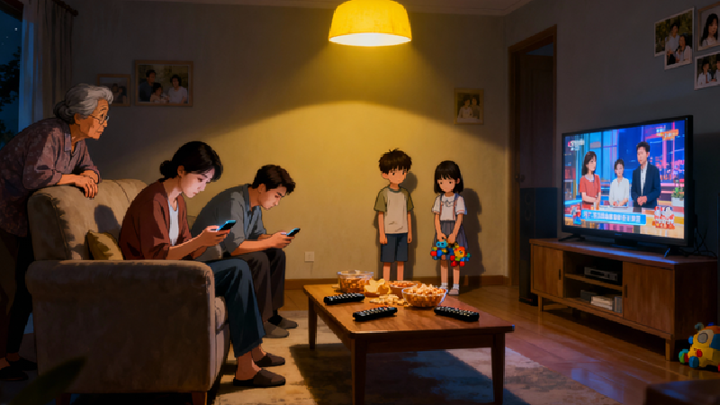 Family inside home relaxing at night with warm lighting
