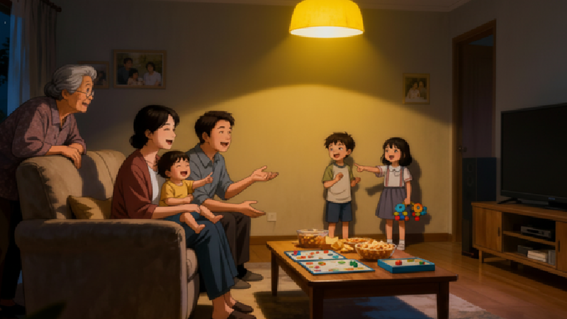 A reflective calm night scene inside a family home