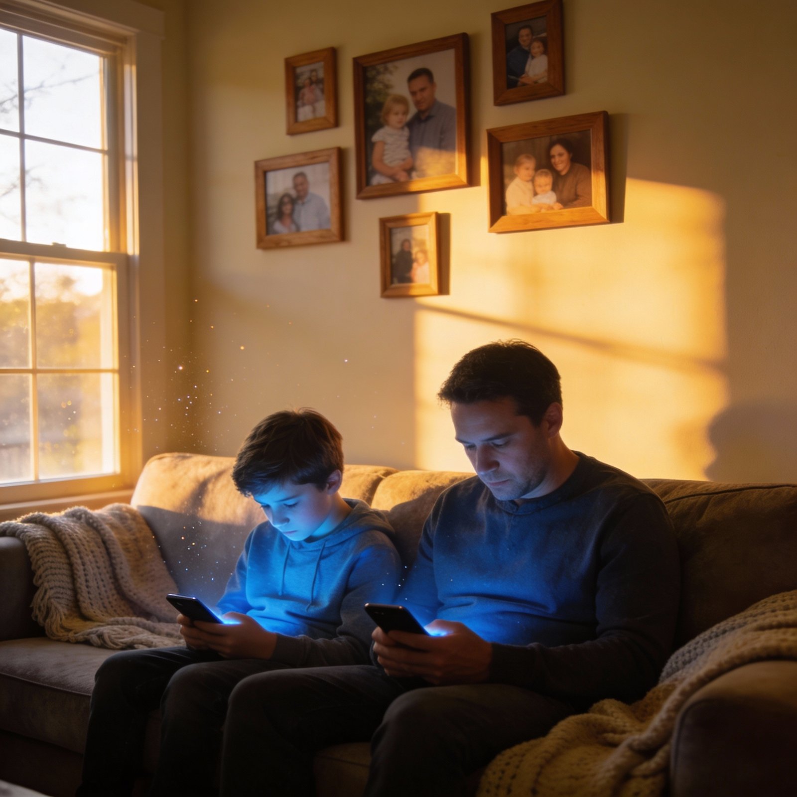 Parent and child both absorbed in their phones, sitting together but disconnected