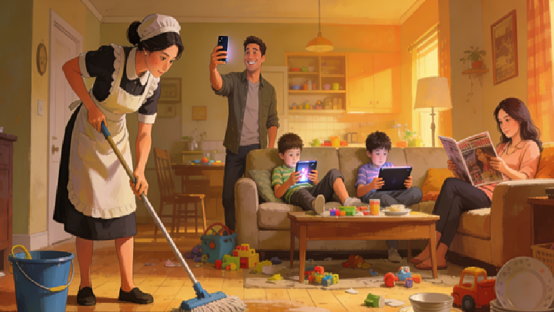 Family doing simple household tasks together at home