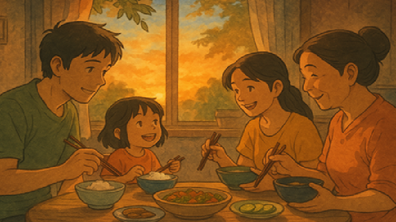 A family cooking together in a traditional Indian kitchen