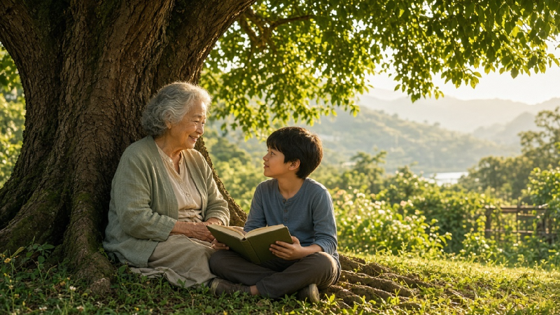 An elder and a younger generation beneath a tree, reflecting generational continuity, purposeful living, and a long healthy life