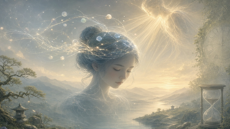 A calm person considering attention, mental space, everyday information, family, conscious living and long-term healthy longevity
